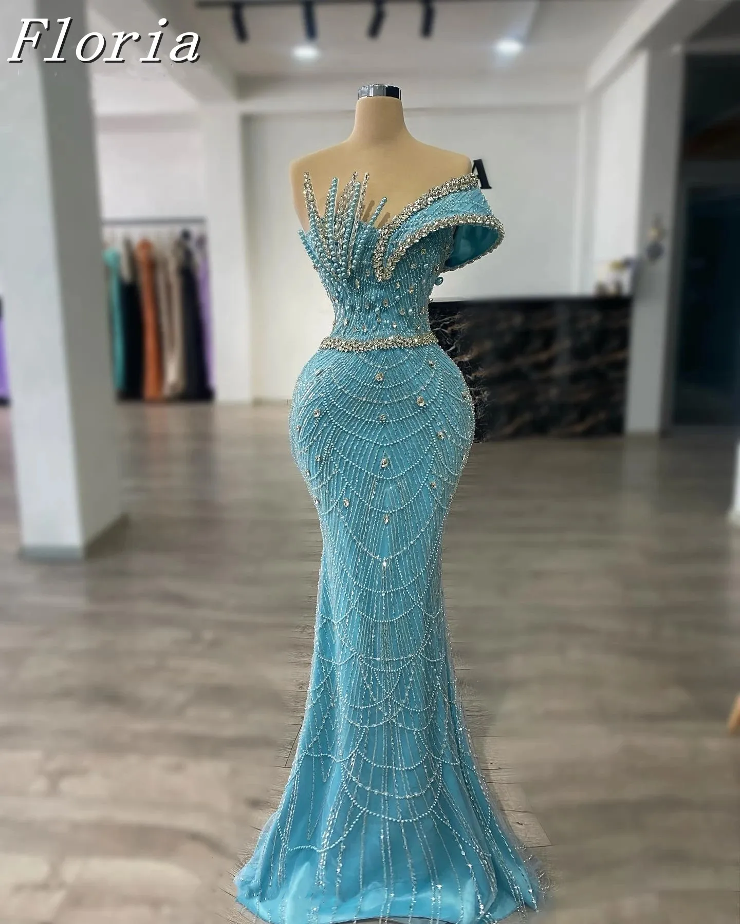 Sky Blue Beaded ชุดราตรี Mermaid Elegant Sweetheart Celebrity ชุดเดรสคริสตัล Robes De Soirée Prom Party Dresses