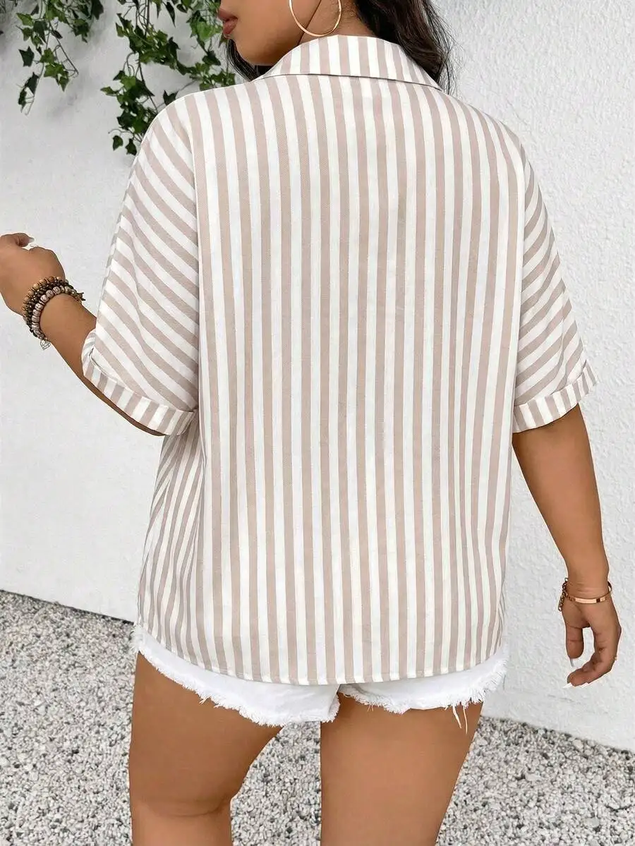 

Women Plus Size Striped Short Sleeve Blouse Casual Front Open Shirt Spring Summer Tops