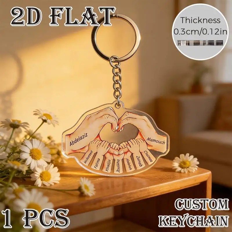 Custom Acrylic Family Names Hand Personalized 2D Keychain 2026 Mothers Fathers Day Gift Kids Holding Hand Name Engraved Keyring