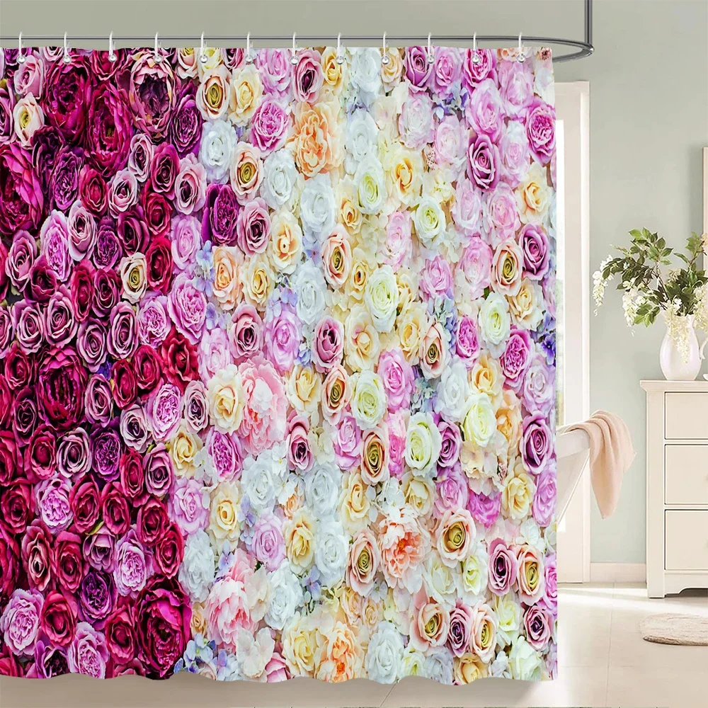 

1Pcs Pink flower printing waterproof shower curtain, Rose flowers wall bathroom decorative curtain with plastic hooks