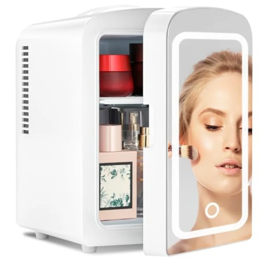 

Makeup Compact Refrigerator with LED Mirror, 4L Mini Fridge, Skin Care, for Bedroom, Car, Office and Dorm, Portable Small Coole