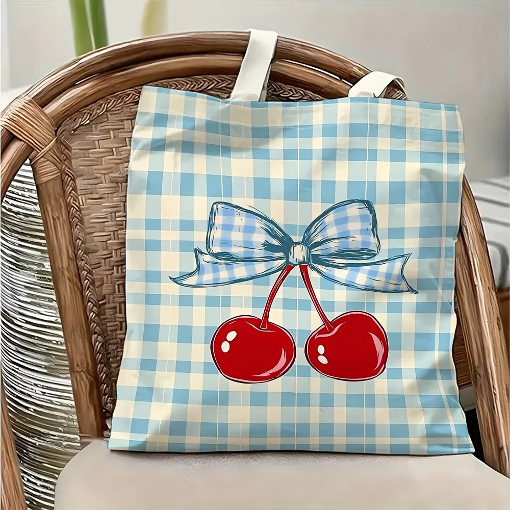 1pc Cherry Gingham Bow Themed Printed Tote Bag, Reusable Shopping Bag, Suitable for Daily Use, Shopping, School, Travel