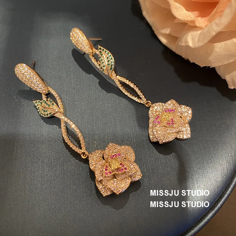 Colorful Diamond Branch Earrings, Three-Dimensional Flower Earrings, Rose Flower Tassel, Elegant Silver, Top Quality, New