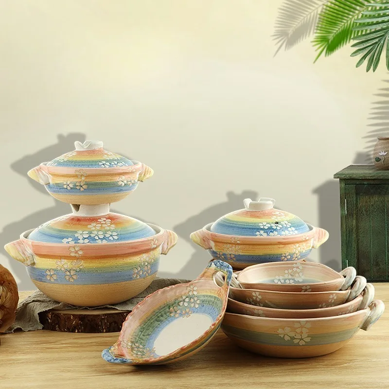 Japanese Creative Rainbow Cherry Blossom Ceramic Casserole Colorful Clay Pot Coarse Pottery Stewpan Kitchen Cooking Pot Cookware