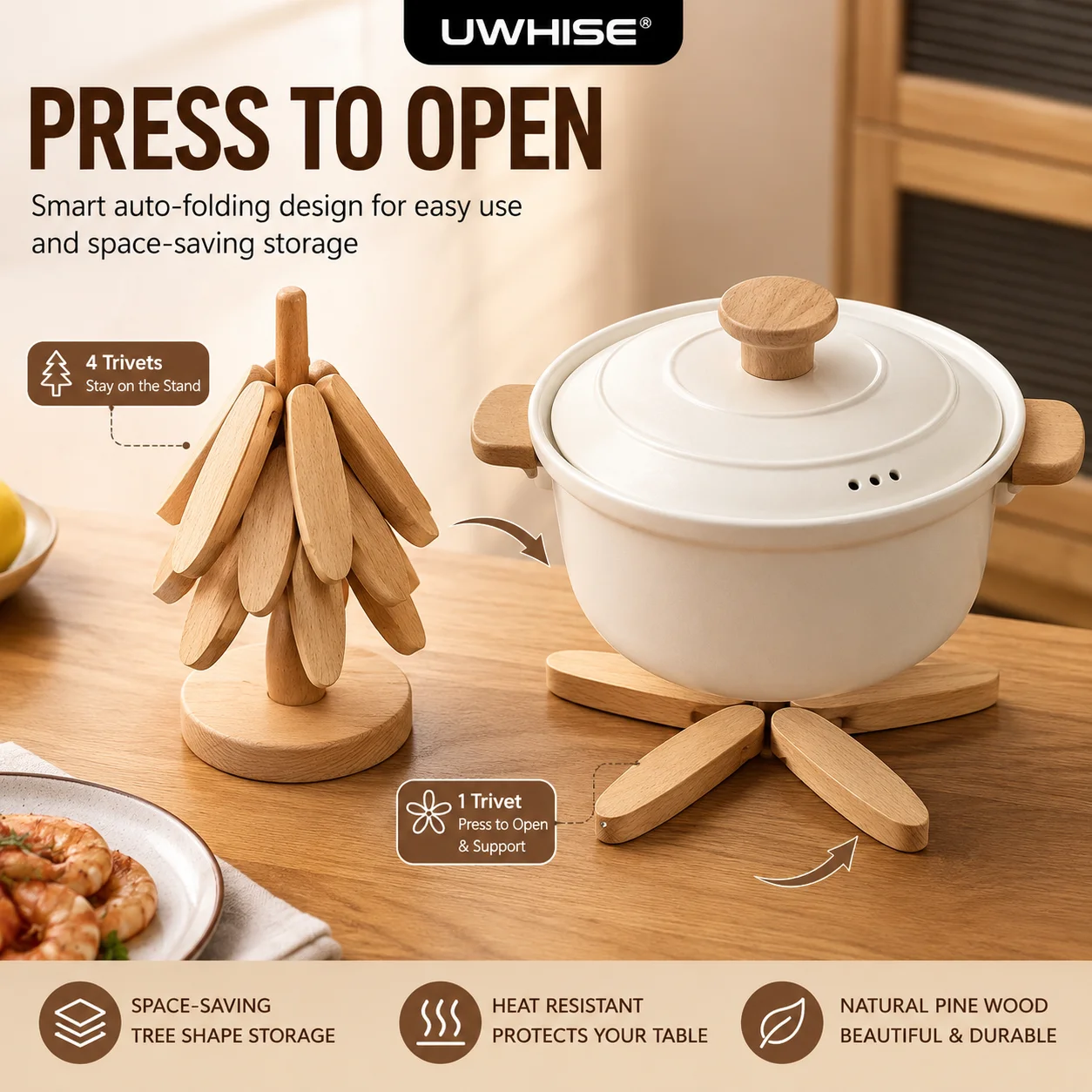 Uwhise 3/5 Pack Wooden Tree Trivet Set Foldable Hot Pot Cup Plates Mat Wood Heat Resistant Table Coasters Decorative Kitchen Pad