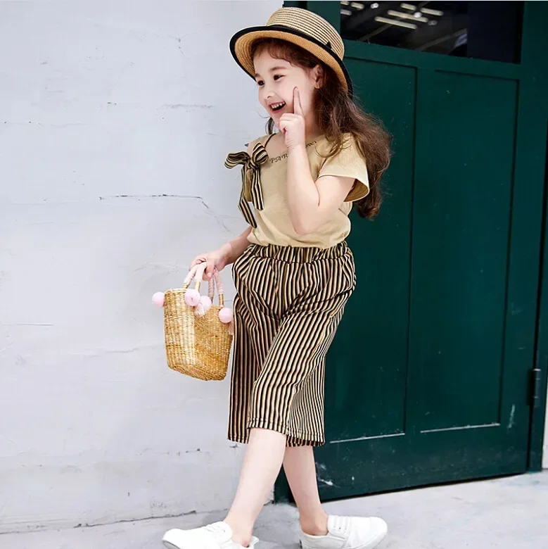 Toddler Girls summer short sleeve T-shirt striped pants clothes suits fashion children\'s  bow tops Trousers 2pcs Clothing sets