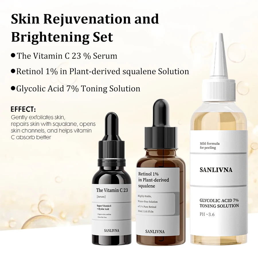 Tónico de ácido glicólico 7%, esencia de retinol 1%, juego de cuidado de la piel blanqueadora con esencia de vitamina C 23%, reparación facial, aclaramiento del acné
