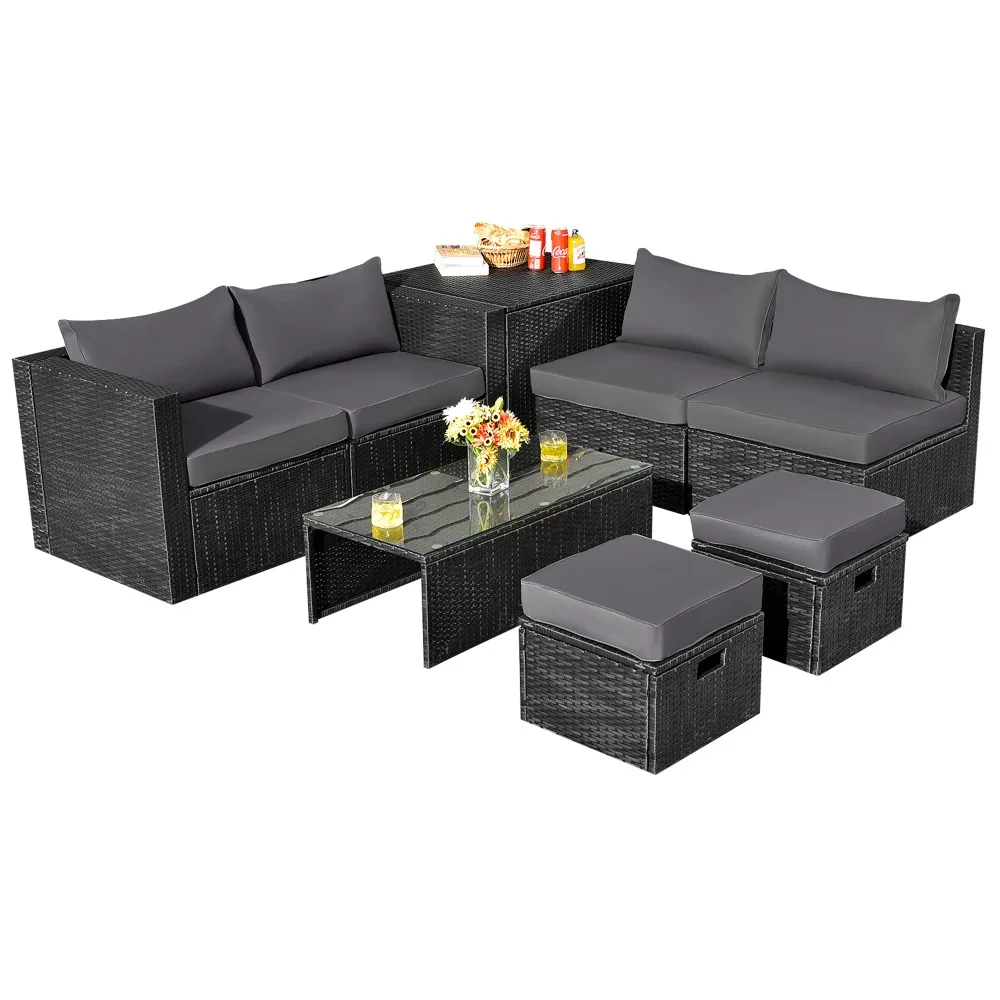 

8PCS Rattan Patio Sectional Furniture Set w/ Waterproof Cover & Grey Cushions