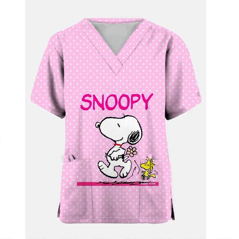 New Hospital Scrub Top Medical Cartoon Dog Snoopy Nurse Doctor Uniforms Working Shirt Short Sleeve V-neck Nursing Blouse