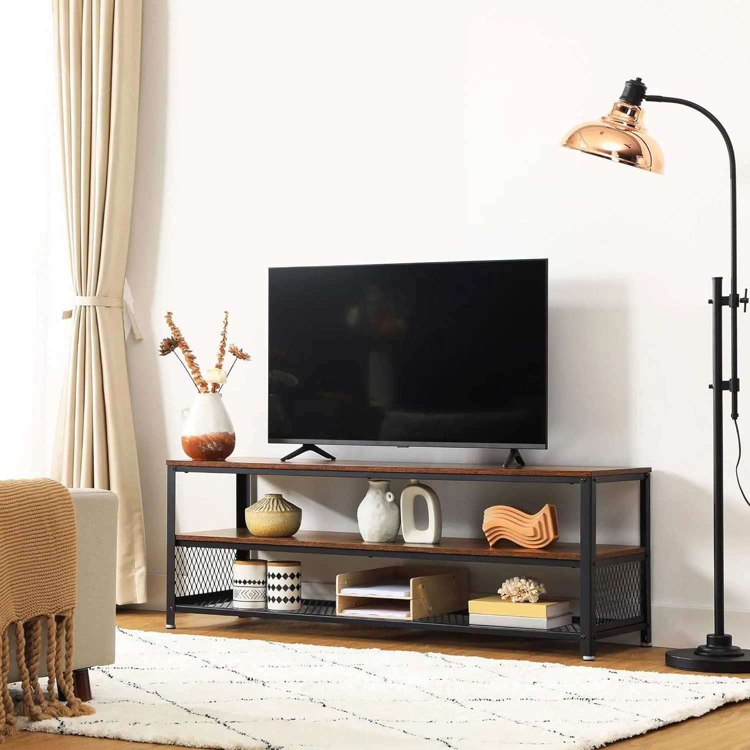 VASAGLE TV Stand, TV Cabinet for up to 60 Inch TV, Console, Coffee Table with Metal Frame, Wood-Like Grain, Industrial