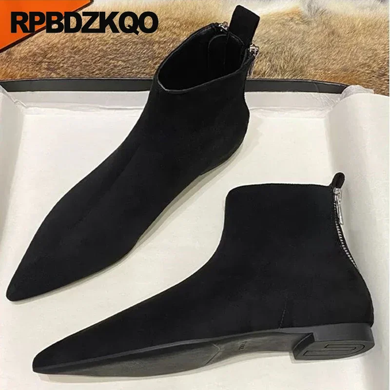 Women Flats 34 Shoes Fur Lined Autumn Boots Nubuck Plus Size Pointy Toe Zip Up Booties Cow Leather Short Winkle Picker Custom