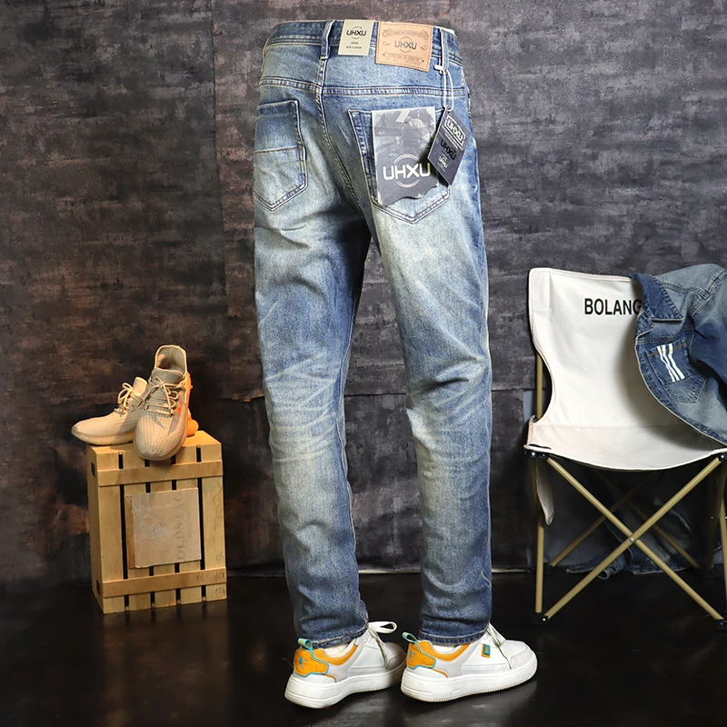 

Fashion Designer Men Jeans High Quality Retro Washed Blue Stretch Slim Fit Ripped Jeans Men Vintage Casual Denim Pants Hombre