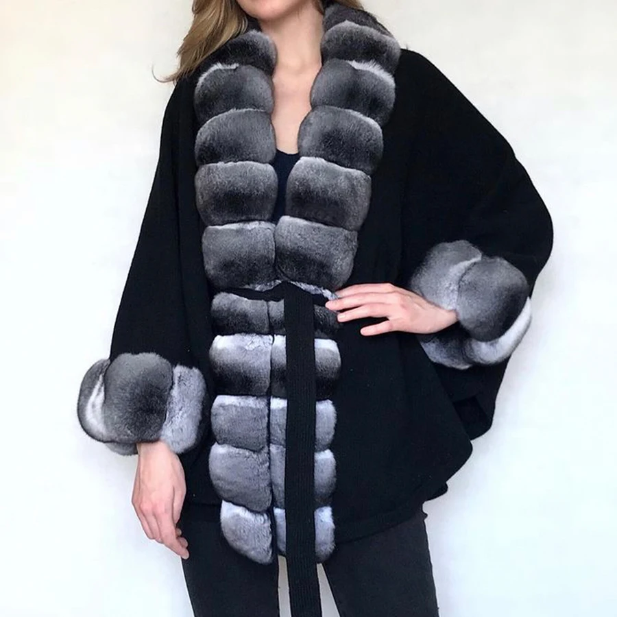 ผู้หญิงเสื้อกันหนาวขนสัตว์ Rex กระต่าย Fur Trim กลางความยาวเสื้อสเวตเตอร์ถัก Poncho ฤดูใบไม้ร่วงแฟชั่นค้างคาวประเภทเสื้อ