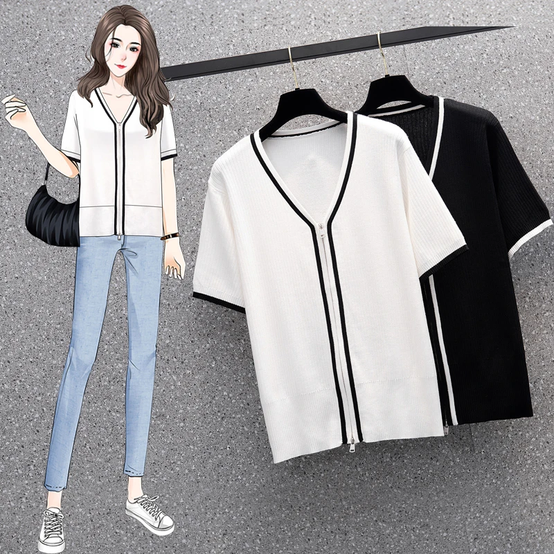 Oversized Women Sweater Cardigan zipper V-Neck short sleeve Coat Female Casual Single breasted Knitted Cardigan 2022