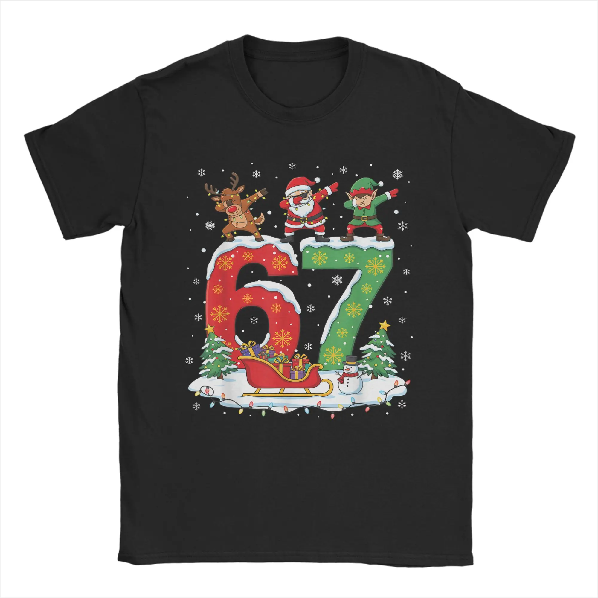 Christmas 67 Six Seven Meme Gen Reindeer Santa Elf Dab T Shirts Men Funny T-Shirt Round Collar  Tees Short Sleeve Clothes Party