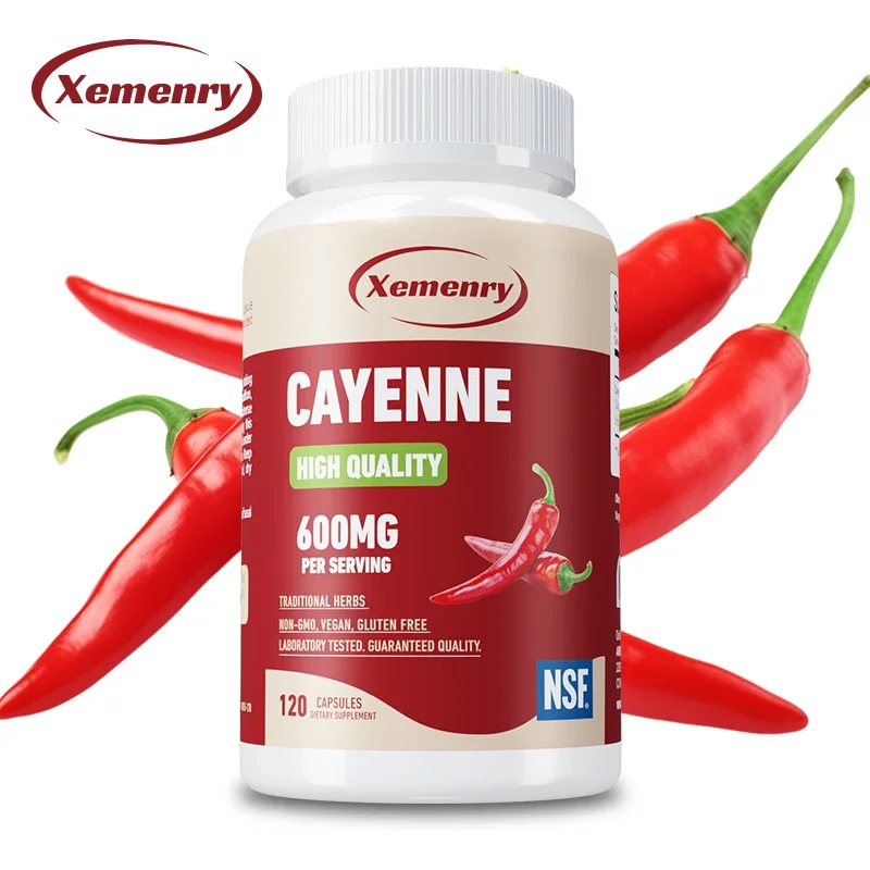 

Cayenne Pepper Capsules 600mg - Supports Cardiovascular Health, Improves Digestion, and Blood Circulation