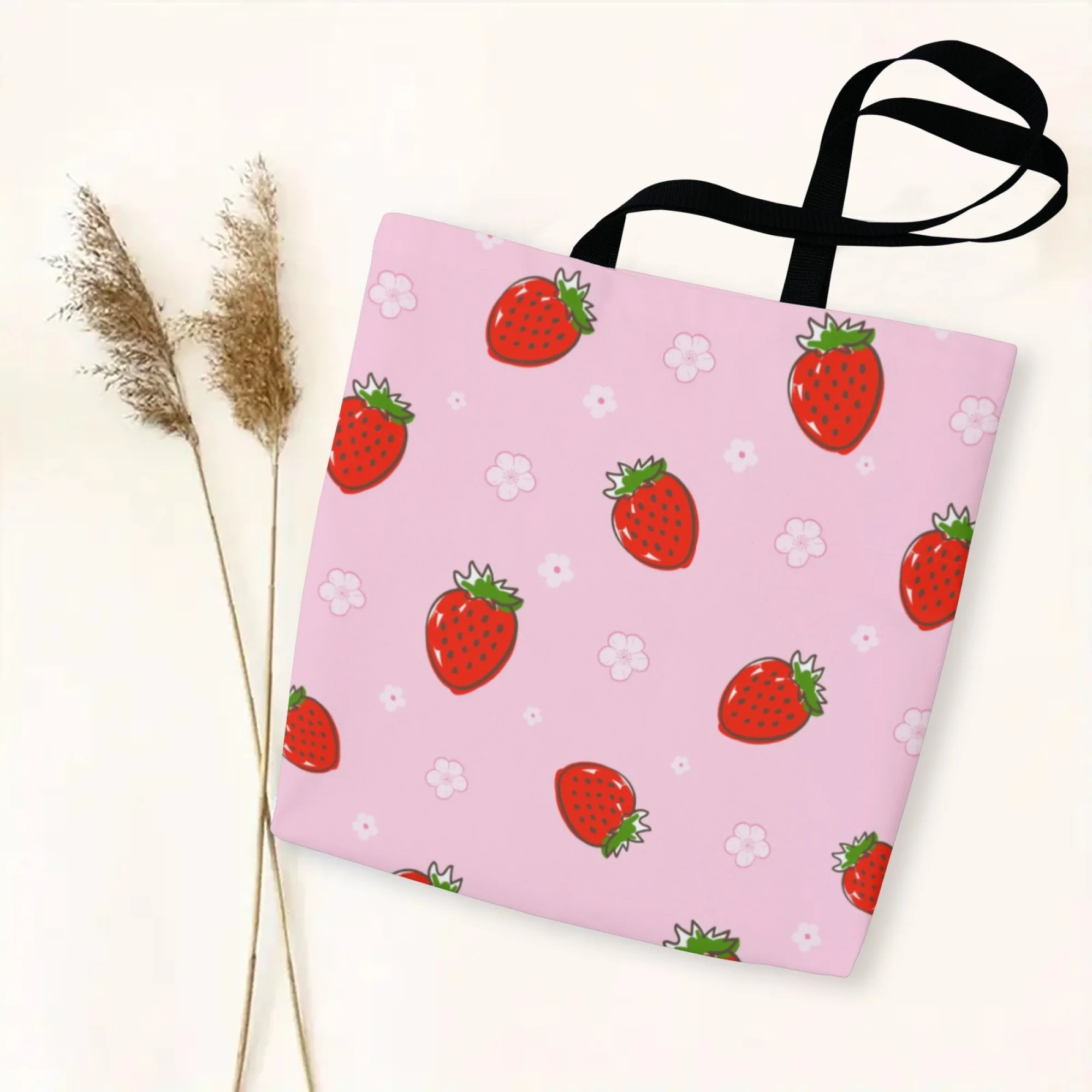 Women's Minimalist Sweet Strawberry-Floral Canvas Tote Bag Pink Fruit-Flower Reusable Shopping for Daily Use Work & Street