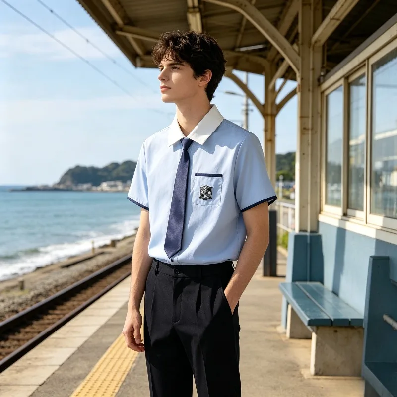 Embroidery Academy Feng Shui Color Shirt Set Japanese Style Short Sleeve Top+Black Straight Pants Student Daily Dressing