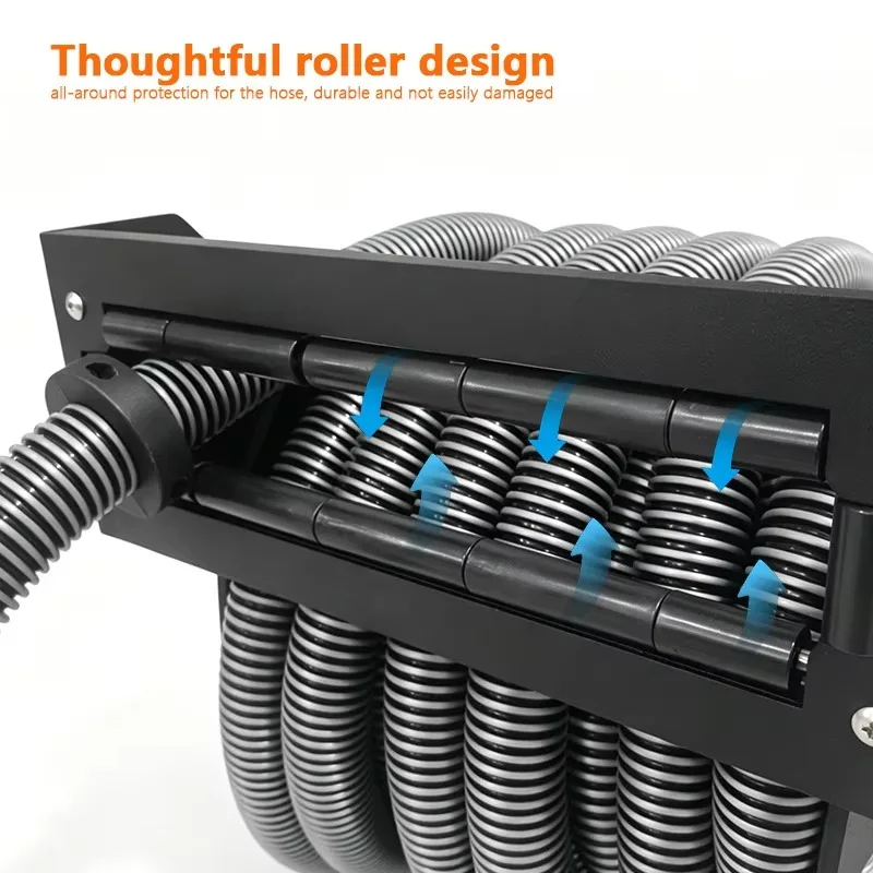 Vacuum hose reel with 30 ft (10 m) extension tube, 1-1/4 inch wall mounted vacuum replaceable hose for vacuum cleaners