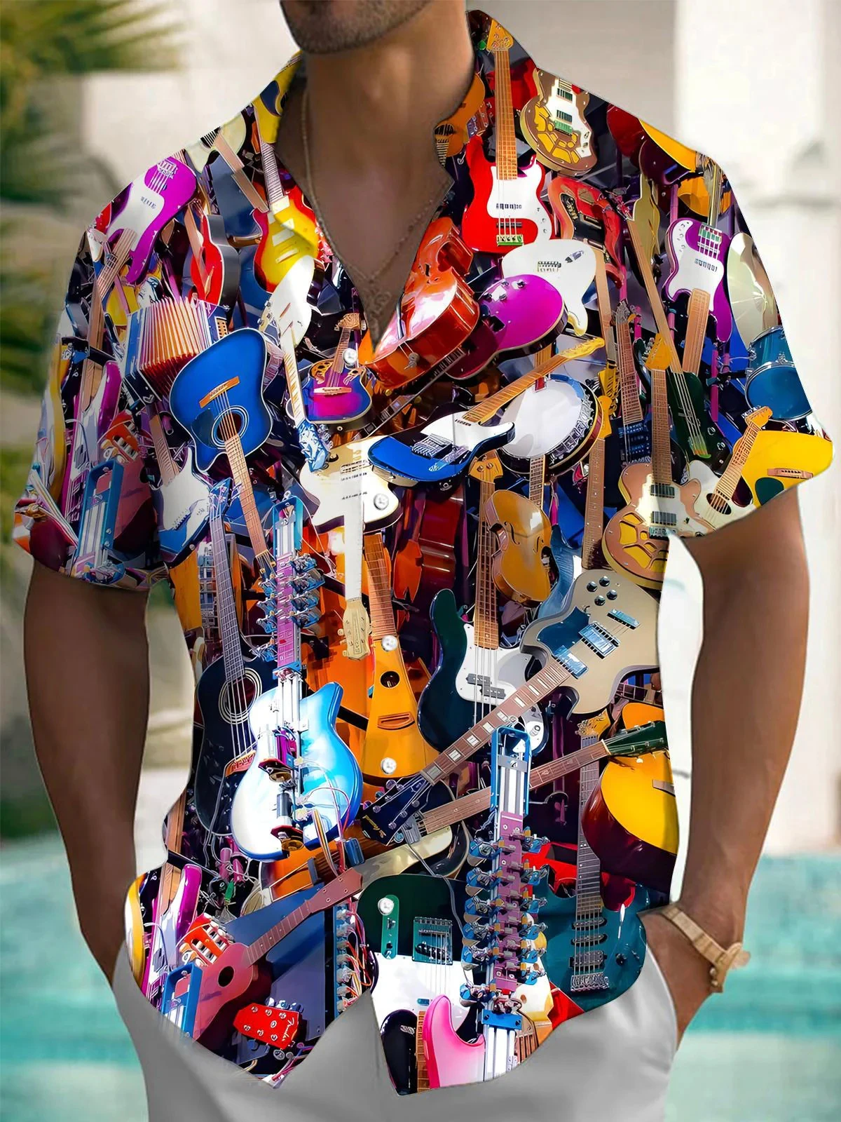 Camisa de manga corta con estampado de guitarra artística para hombre, tela de poliéster adecuada para vacaciones de verano y salidas informales, camisa de un solo pecho