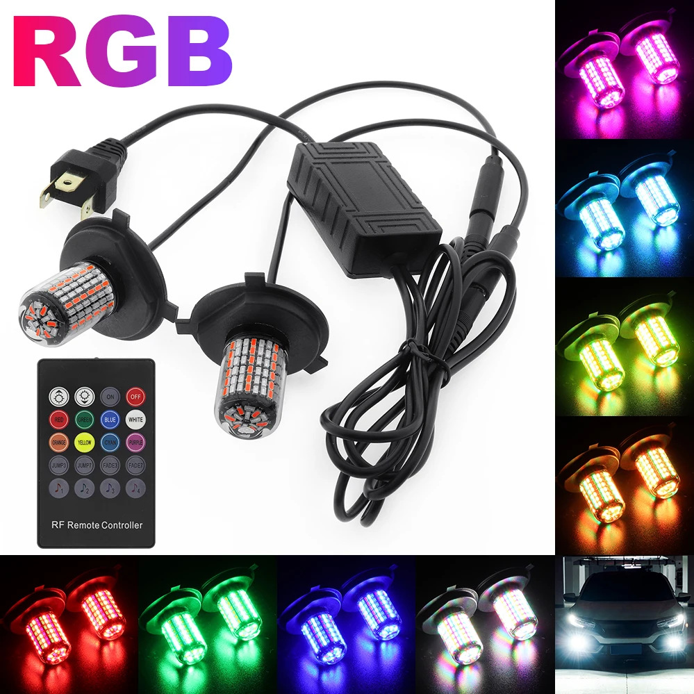 2 LED Motorcycle Headlight Bulbs 3014 162SMD LED Lights, 12V (H4) 9003 RGB Multi-Color Fog Lights With Remote Control