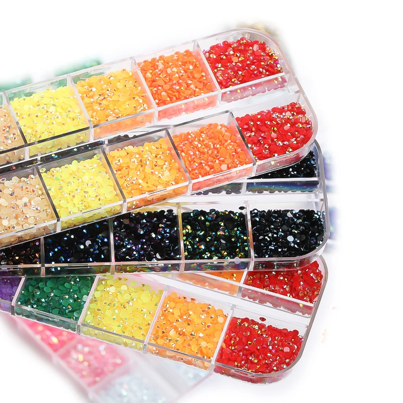 12 Grid 7 Color Round Shape Resin Glue-on Flatback Rhinestones DIY Nail Art Wedding Dress Decoration Jewelry