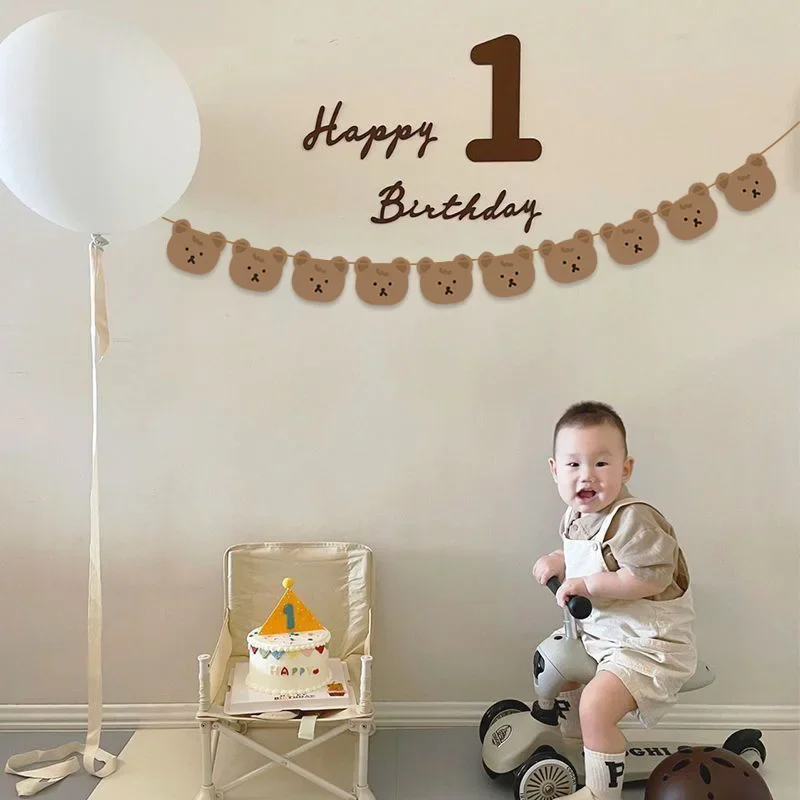 Bear Happy Birthday Banner Bear Birthday Hat Cream Caramel Number Balloons Kids Birthday Party Supplies Photo Prop Baby Shower