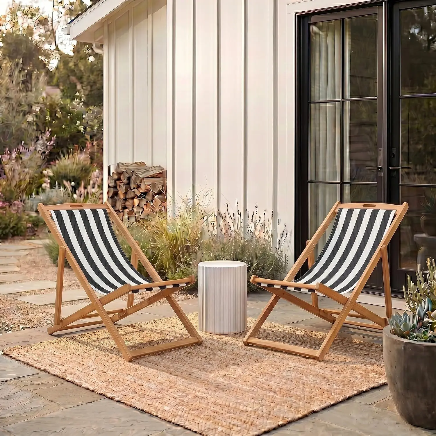 Outdoor Folding Sling Chair Set 2, Brown Stripe Solid Wood Portable Bistro Patio Deck Poolside 24
