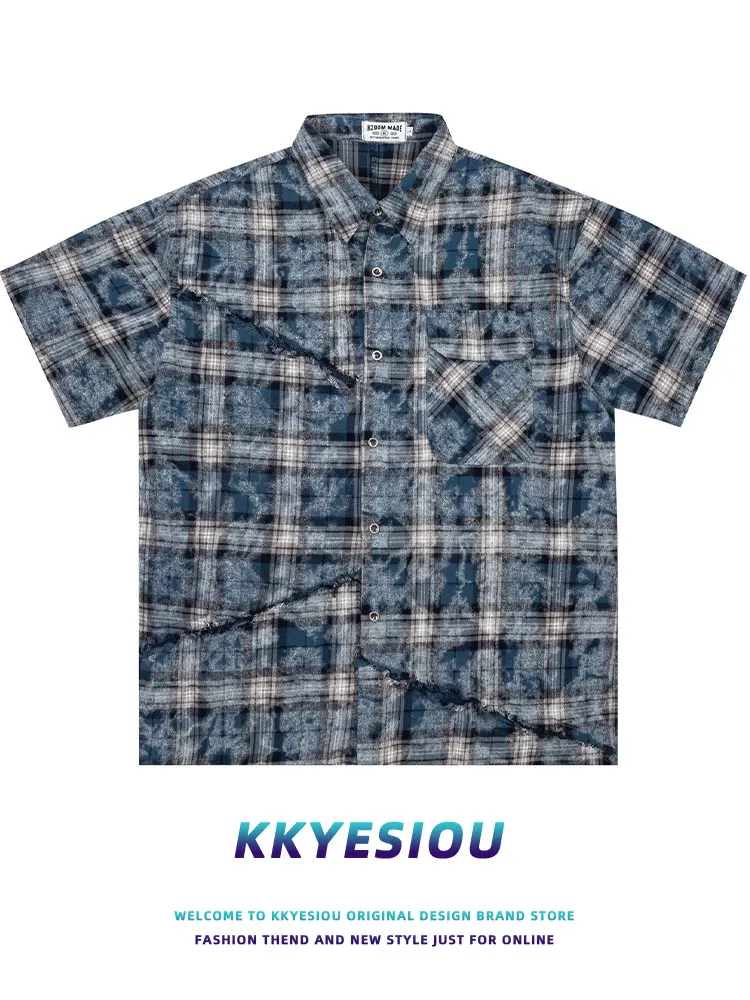

KKyesiou Американская ретро-рубашка в клетку с коротким рукавом, оверсайз, летний топ для пар, молодежная модная хлопковая рубашка в молодежном стиле