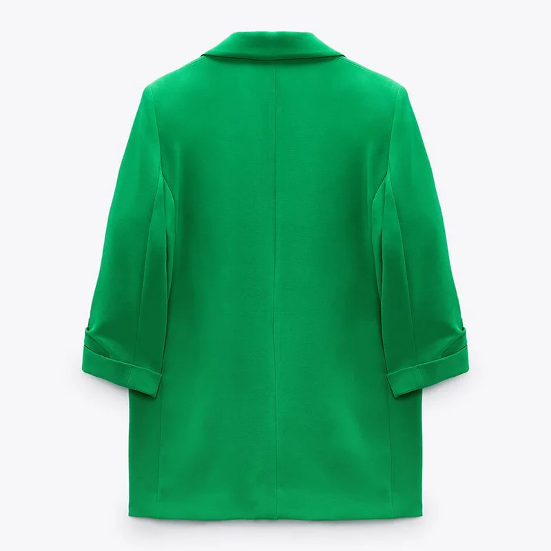 Chaqueta informal holgada con muescas para mujer, chaquetas elegantes de manga enrollable verde, trajes rectos con bolsillos para primavera