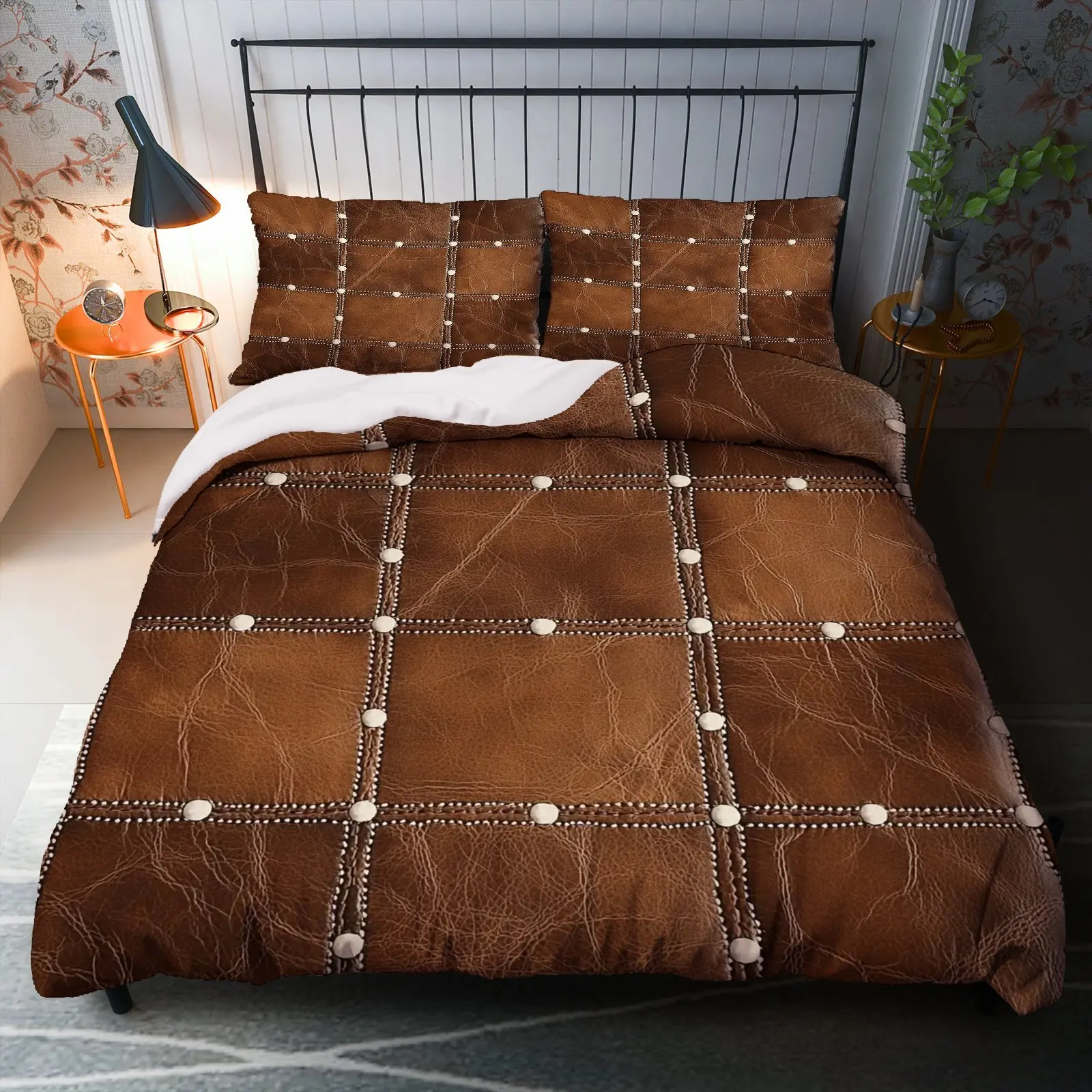3Pcs Vintage Leather Studded Duvet Cover Set, Brown Textured Rustic Chic Bedding with Pillowcases, Luxury Thanksgiving Decor