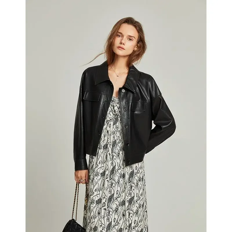 Blouson en cuir PU femme, col rétro, printemps et automne, 2025