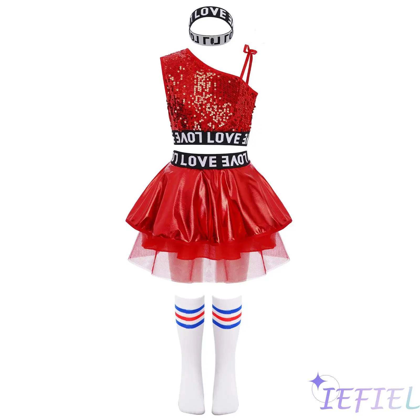 

Kids Girls Hip-Hop Jazz Dance Outfit One Shoulder Sleeveless Vest with Tutu Skirt Letter Printed Hairband And Striped Socks