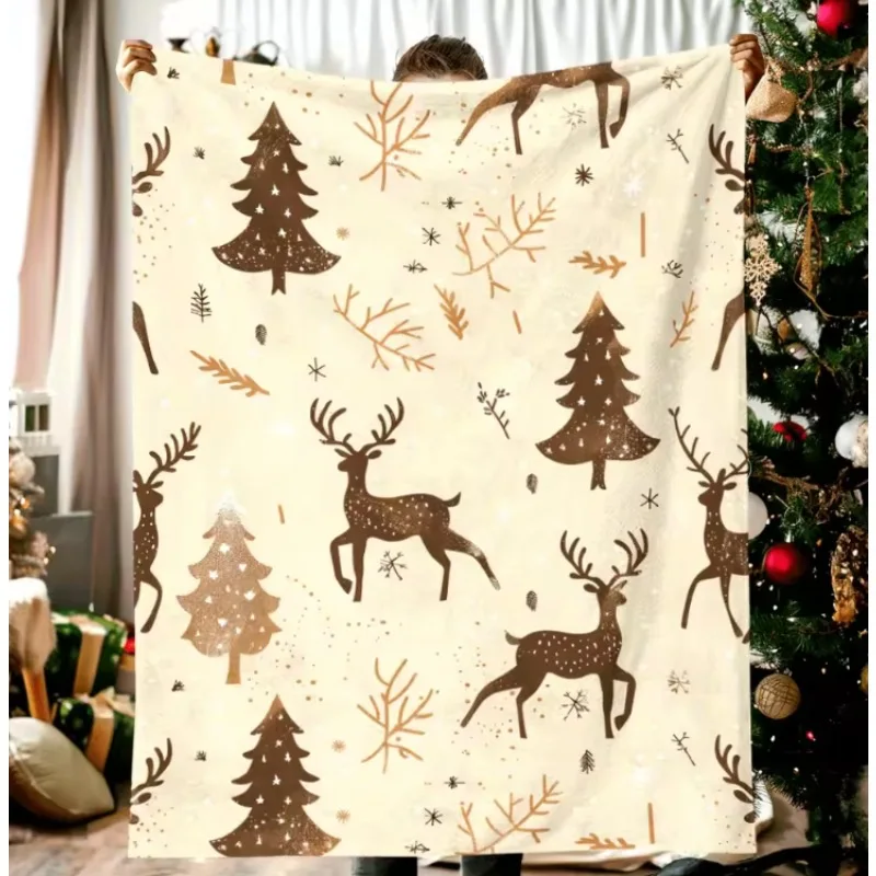 Weihnachts-Elch- und Bäume-Flanelldecke – Verfügt über ein modernes Digitaldruck-Elch-Kiefer- und Schneeflocken-Design für zu Hause auf Reisen