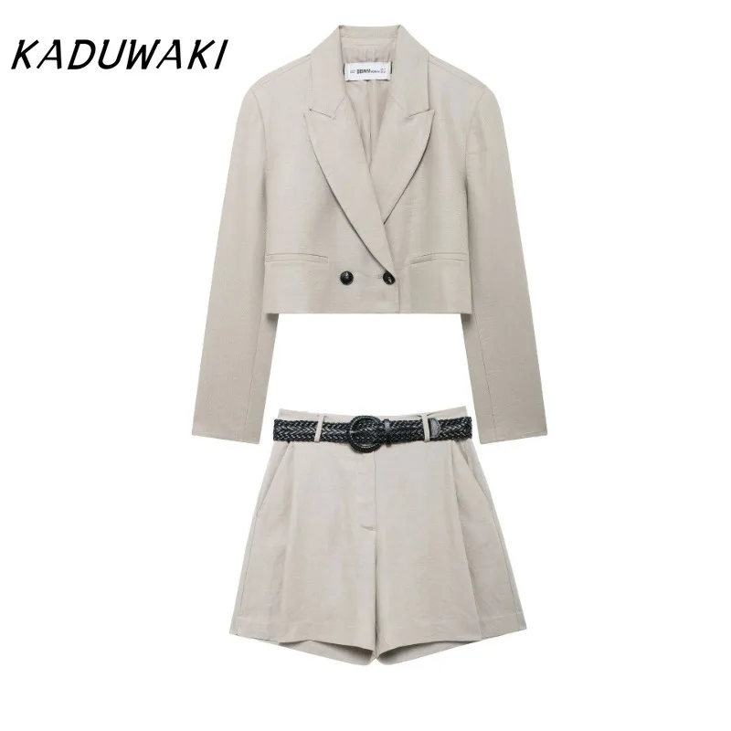 KADUWAK Simple Lapel Long-sleeved Short Blazer Linen Blend Suit Shorts Fashion Old Money Style Sets with Belt أطقم نسائية قطعتين