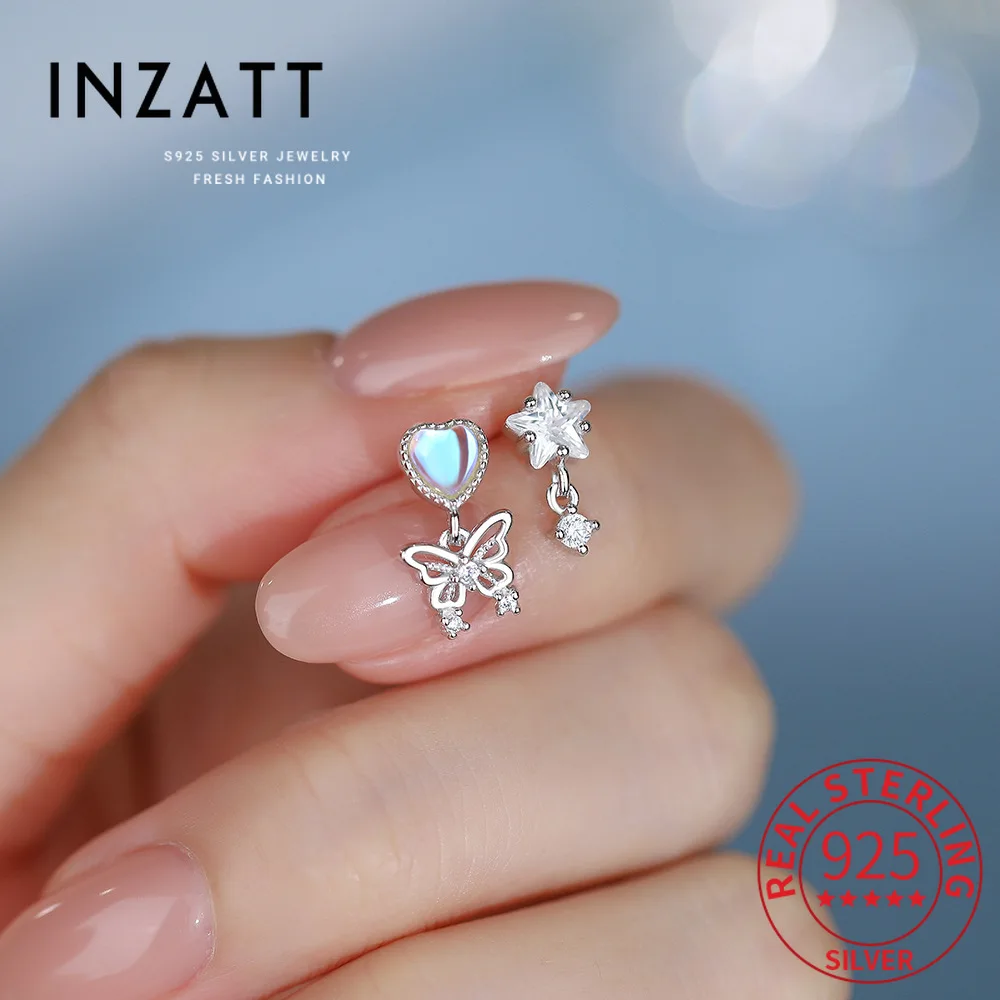 

INZATT Real 925 Sterling Silver Zircon Star Butterfly Asymmetric Stud Earrings for Women Fine Jewelry Light Luxury Accessories