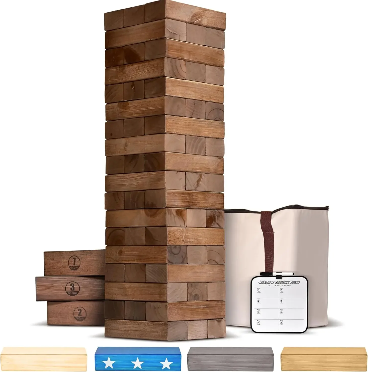 Giant Wooden Toppling Tower - Stacks Up to 5 ft - Brown Wood Stain, Gray, Natural, Stars & Stripes, or Tropical Hardwood