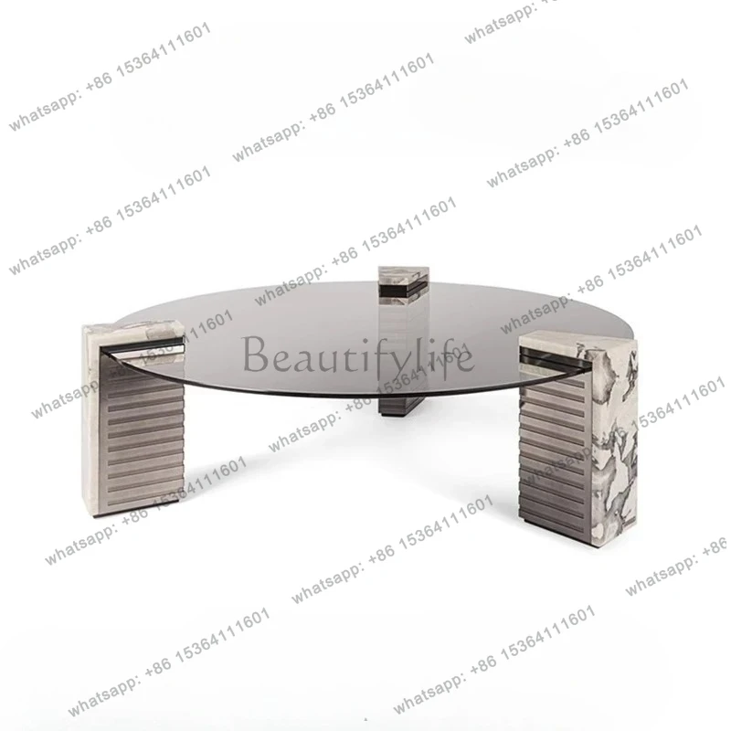 

Nordic modern designer light luxury simple stainless steel marble splicing glass round coffee table
