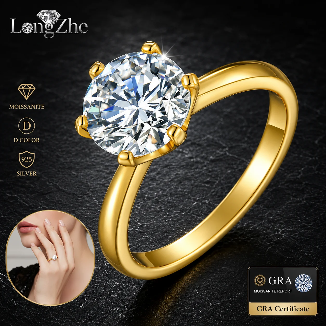 S925 Silver Moissanite Engagement Ring 1CT 2CT Round Cut Classic Six Prong Gold Color for Women Anniversary Fine Jewelry Gift