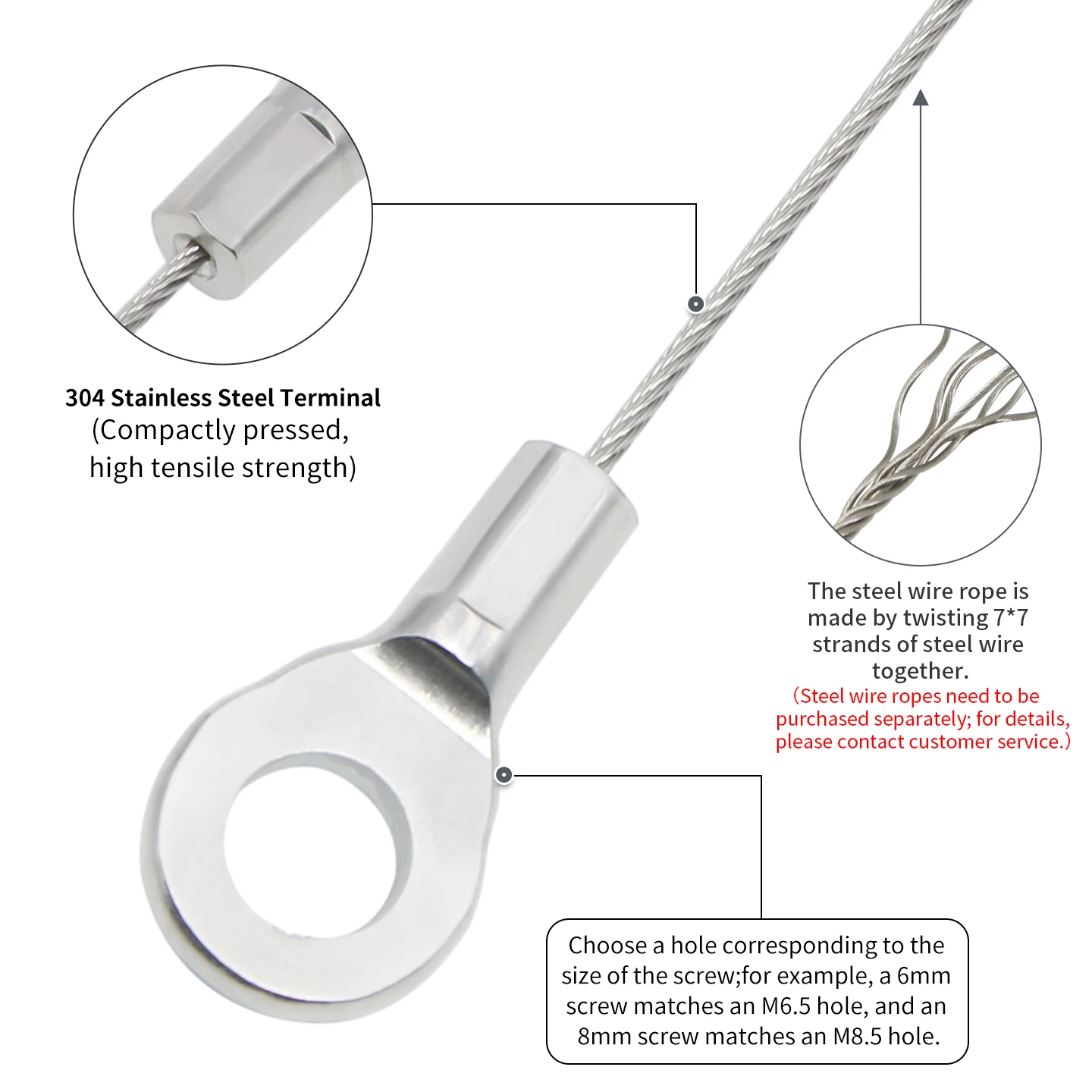 M6-M10 Stainless Steel Cable Terminal, 304 Stainless Steel Crimping Terminal for 1.5mm/2mm/3mm Steel Wire Rope