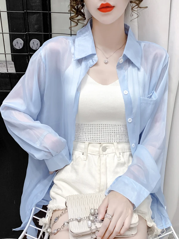 

Летняя женская блузка из ледяного шелка и шифона, свободного кроя, тонкая, дышащая, универсальная, с длинным рукавом, для активного отдыха, цветная, коллекция 2026 года