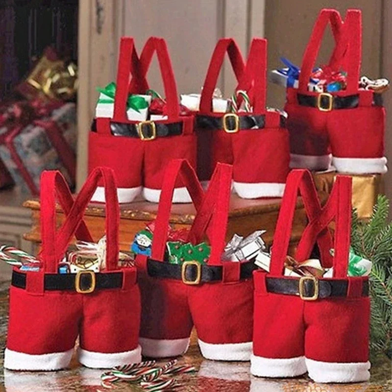 5pcs Double Bottle Bag Christmas Decoration Santa Claus Strap Pants Bottle Carrying Bag Handbag Xmas Party Favor Navidad