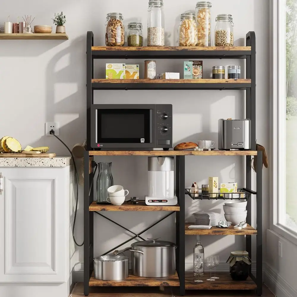 Estante de Cozinha com Tomada, Bar de Café com Gaveta de Arame, Suporte para Micro-ondas, Mesa Buffet de Cozinha com Amplo Armazenamento, Estante de Cozinha de 6 Níveis