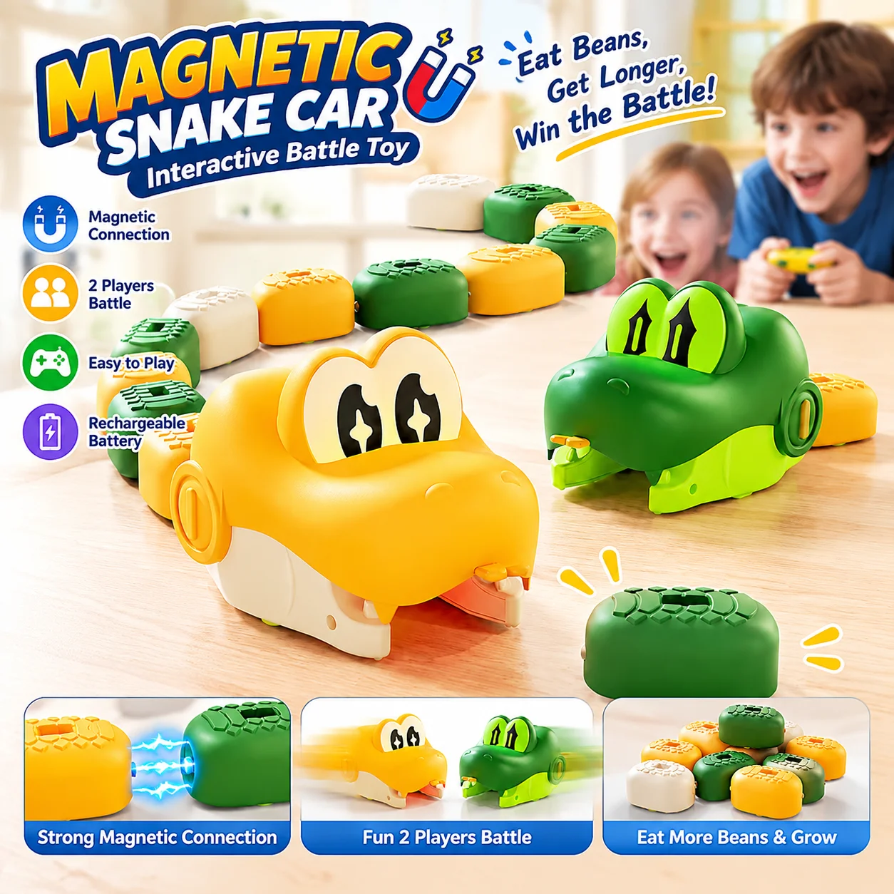 RC Snake Car Magnetic Battle Toy for Kids, 2 Player Interactive Racing Game with Rechargeable Remote Control, Energy Beans Gift