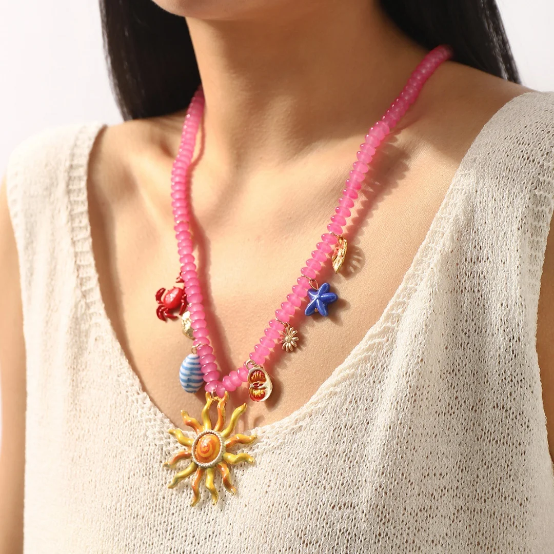 

DUTRIEUX Fashion Bohemian Choker Starfish Heart Sunflower Pendant Necklace Women's Beach Vacation Style Clavicle Chain Jewelry