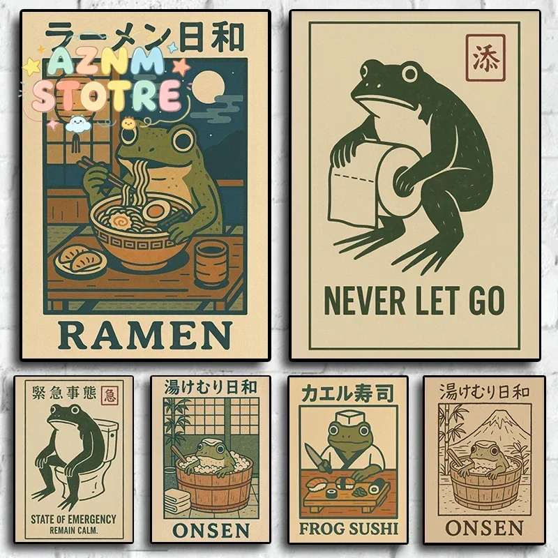 Japanischer Retro Lustiger Frosch, der Nudeln isst, Leinwanddrucke, Poster, Janpadi Frosch in einer Badewanne, Kunstdrucke, Badezimmer, Küche, Heimdekoration