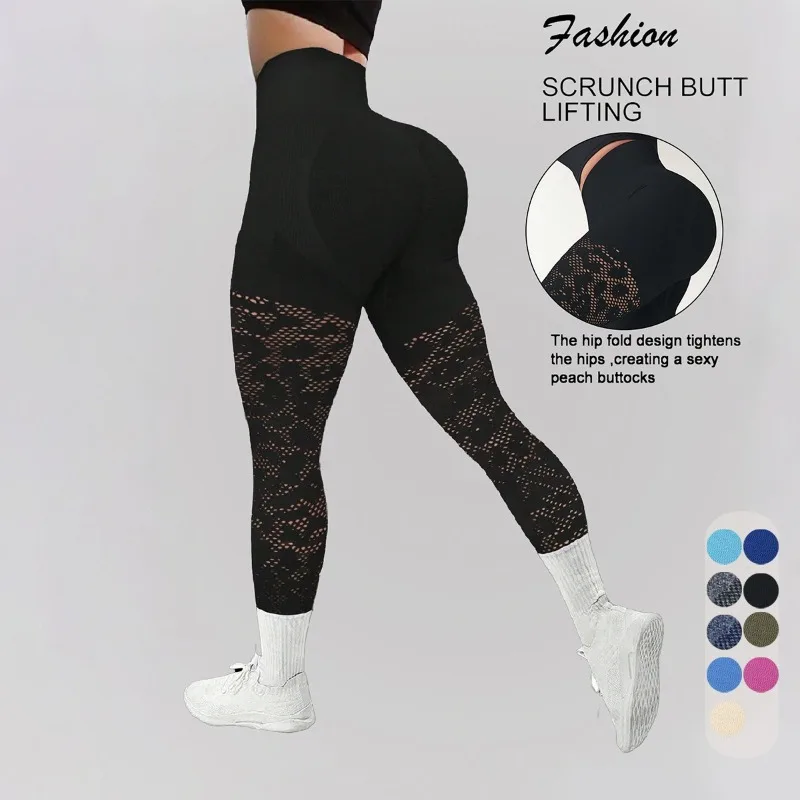 Women Seamless High Waisted Yoga Leggings Hollow Out Striped Leggings Butt Liftting Breathable Sports Pants for Gym Workout