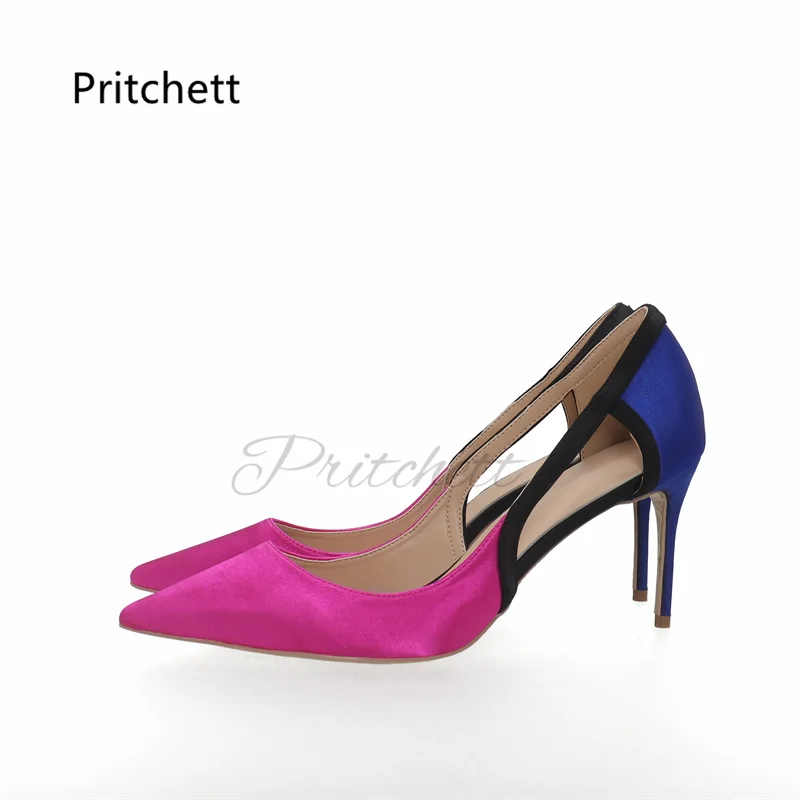 

Mixed Colors Satin High Heels Pointed Toe Stiletto Women's Pumps Rosy Red Blue Patchwork Shallow Slip On Office Shoes for Women