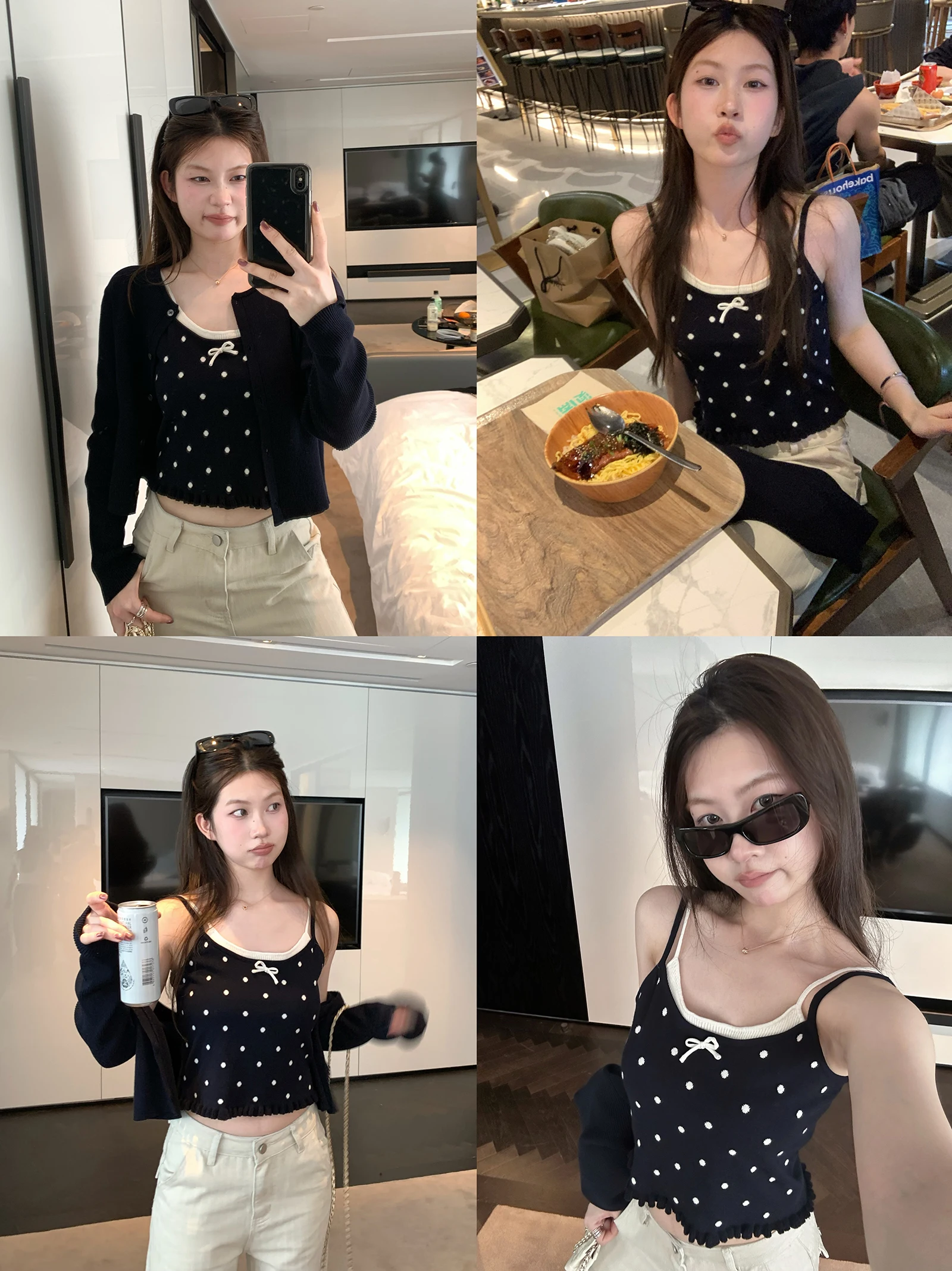 

Сладкий и пикантный комплект из вязаного топа в горошек и кардигана для женщин: повседневный стиль, свободный крой, мягкий хлопок, комплект из двух предметов для ежедневной носки.