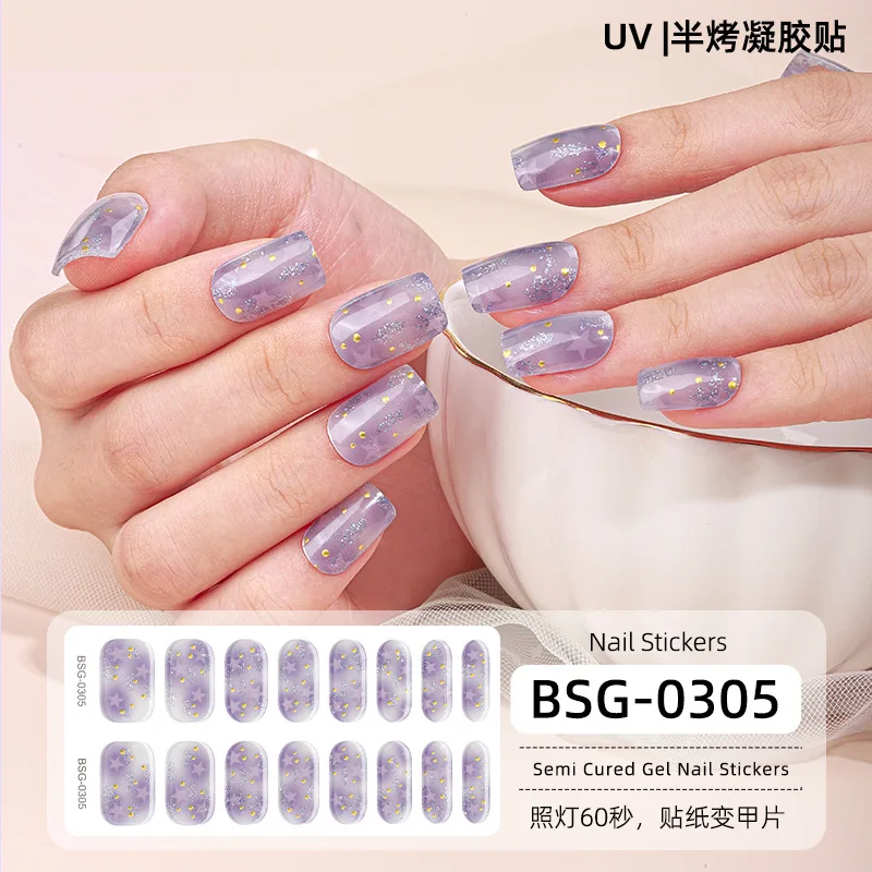 16 Strips Semi-Uitgeharde UV-Gel Nagelsticker Semi-Gebakken Gel Nagelvlekken 3d Bronzing Volledige Cover Emblemen UV-Lamp Nodig